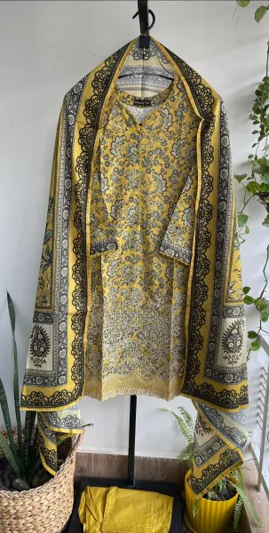 Pakistani Original Bin Saeed Cotton Chickankari Stitched 3Pcs_ Dark Yellow 